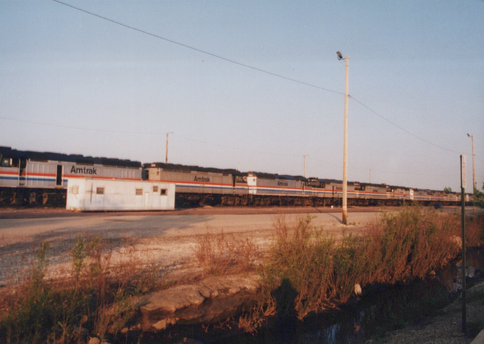 A row of silver Amtrak diesel locomotives with red, white and blue stripes stands behind a white portable building, a gravel lot and weedy brush in low warm sunlight.