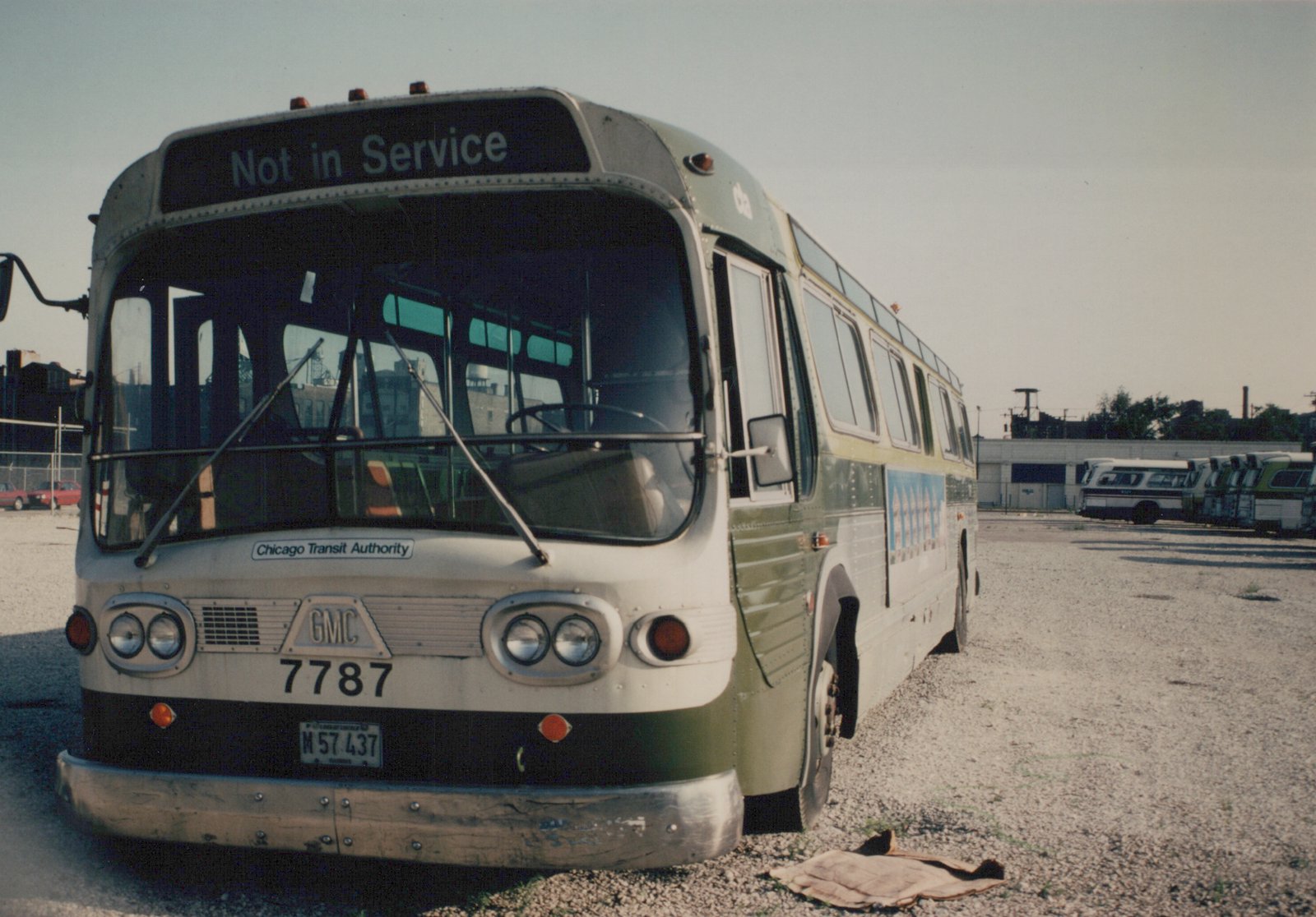 A three-quarter front view of a green and cream Chicago Transit Authority bus, number 7787, parked in a gravel lot with other buses in the background under a clear sky.