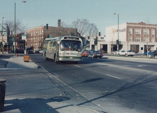 A green and cream CTA bus on a city street with bare trees and parked cars in the background.