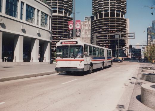 An articulated bus with the number 7195 and CTA lettering is parked on a city street, with the distinctive circular Marina City towers visible behind it under a clear blue sky.