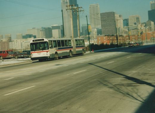 A white, red, and blue CTA articulated bus drives down a street in winter, with snow on the ground and skyscrapers behind it.