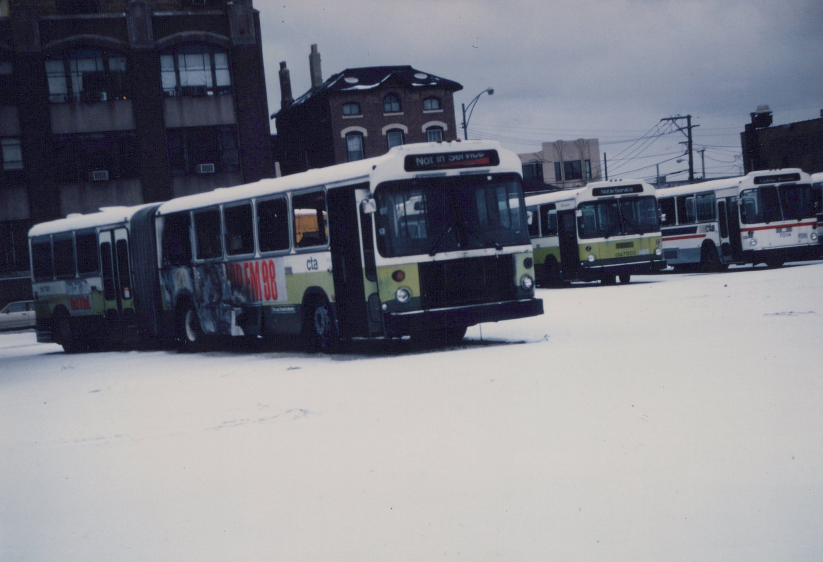 Three Chicago Transit Authority buses, one articulated and two standard, parked nose-to-nose in a snow-covered yard with 'Not in Service' signs on the front.