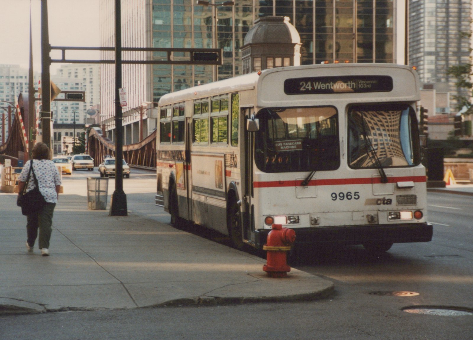 A white and red Chicago Transit Authority bus, number 9965, on route 24 Wentworth, is parked on a city street with a person walking on the sidewalk and tall buildings in the background.