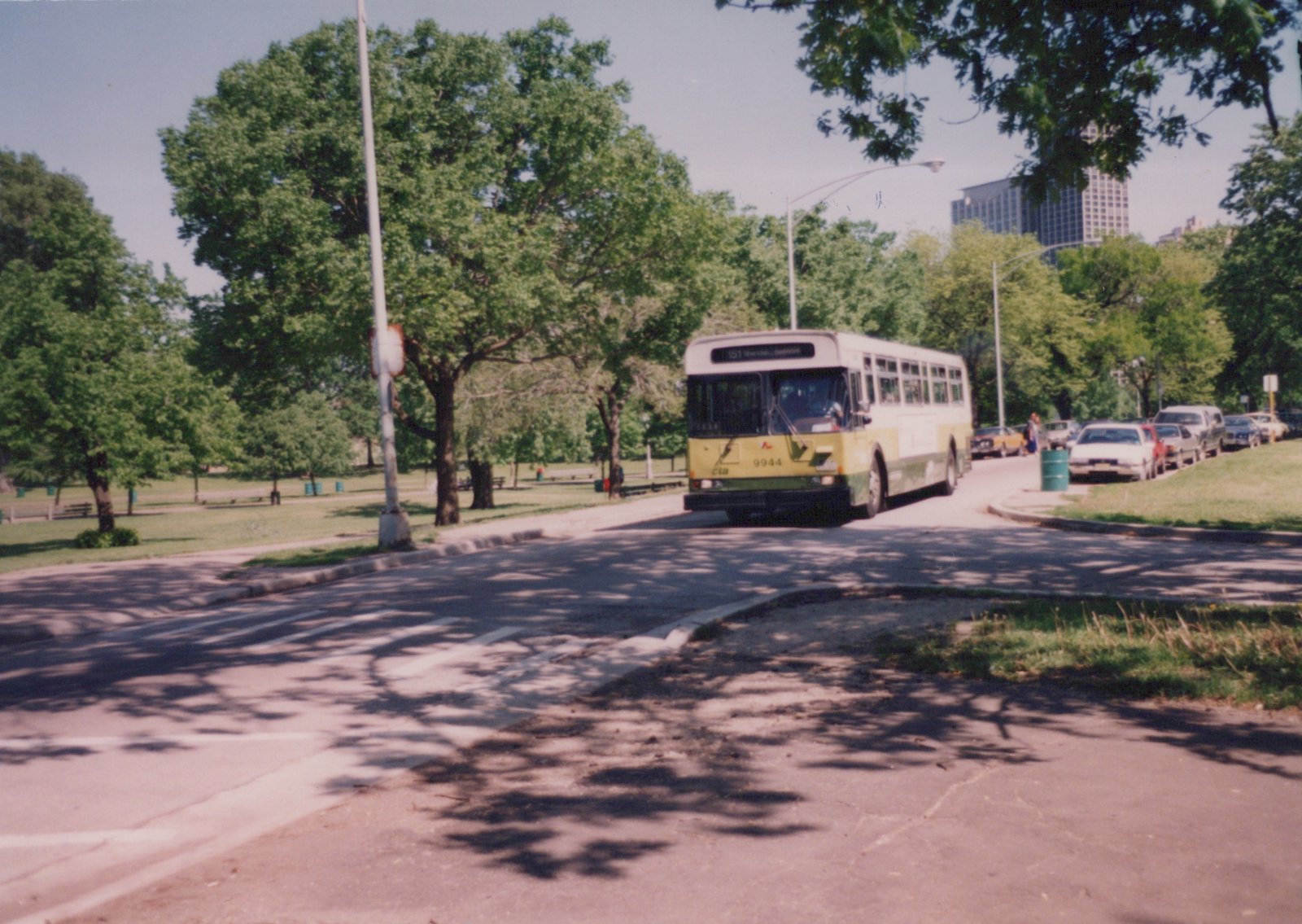 A yellow, white, and green CTA bus, number 9944, drives down a shaded street lined with trees and parked cars on a clear day.