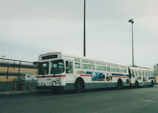 A white, blue, and red Chicago Transit Authority bus numbered 9908 is parked on a street, with a second identical bus behind it. The sky is overcast and the destination sign reads 'Elston Bryn Maw'.