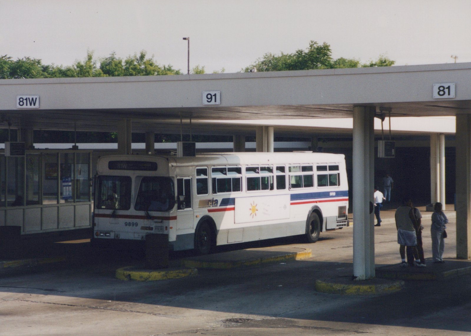 A white Chicago Transit Authority bus, number 9899, is parked at a terminal with signs reading 81W, 91, and 81, and several people are standing nearby.