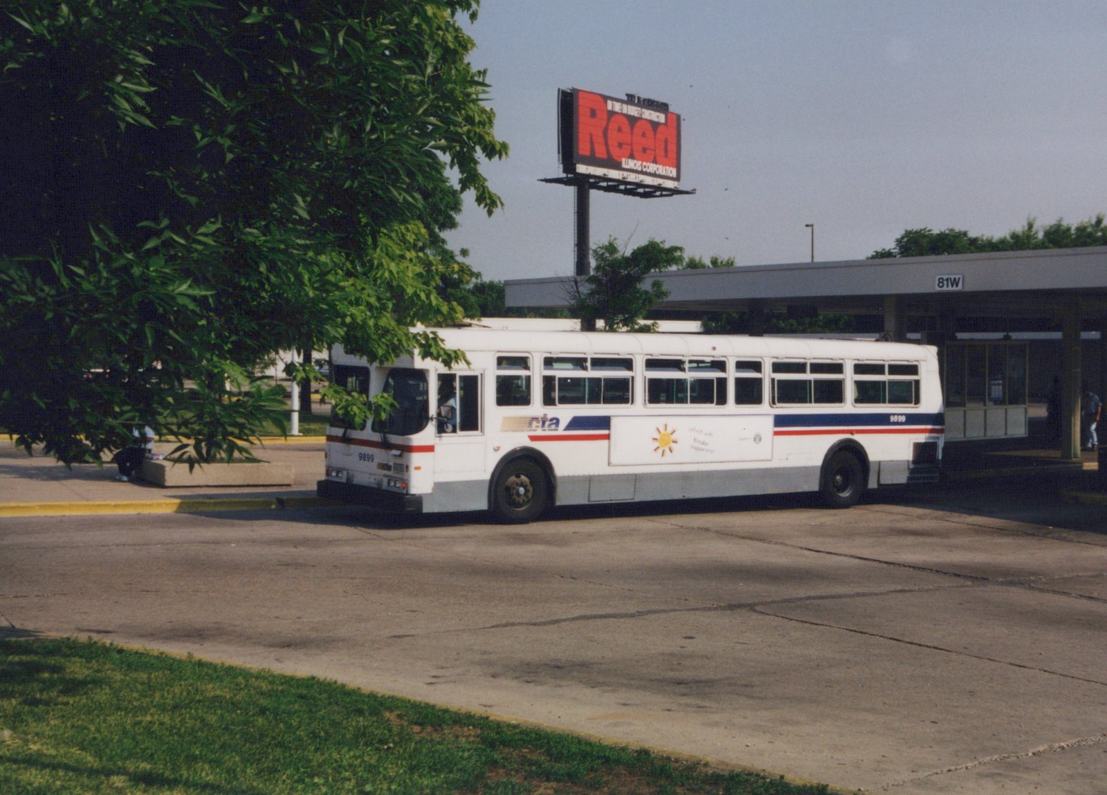 A white CTA bus with red and blue stripes, number 9899, parked at a bus terminal with a billboard in the background.