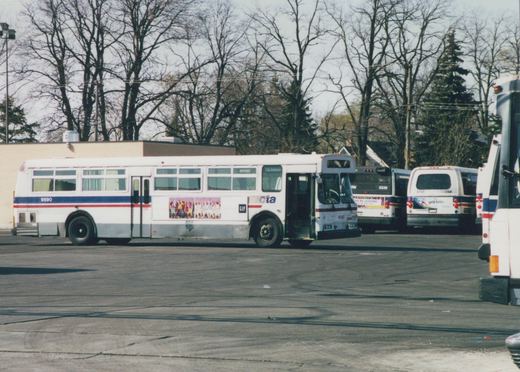 A white CTA bus with red and blue stripes, numbered 9890, is parked in a lot with bare trees in the background.