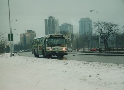 A white and green bus with the number 9785 drives down a snow-lined street in Chicago, with tall buildings and bare trees in the background.