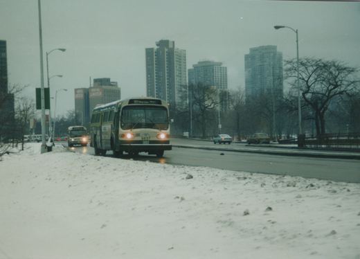 A white and green CTA bus travels on a snowy, overcast day with tall city buildings and a second bus in the background.