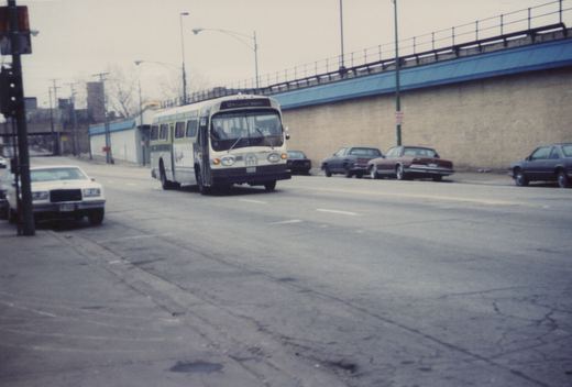 A white and green Chicago Transit Authority bus, number 9556, is shown driving down a street with several cars parked along the side and an elevated train structure overhead.
