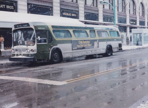 A green and cream Chicago Transit Authority bus is parked on a snowy city street, with a storefront and a bus shelter in the background.