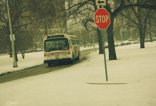 A white CTA bus with a red stripe, number 9212, drives down a snow-covered street with bare trees and a stop sign nearby.