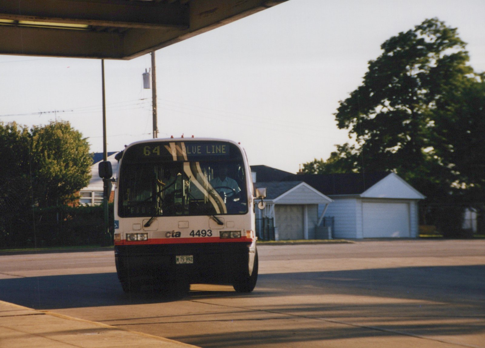 Front view of a white and red Chicago Transit Authority bus, number 4493, displaying route 64 to the Blue Line, with a driver visible through the windshield, parked under an elevated structure on a sunny day.