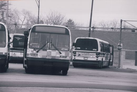 Black and white photo of three CTA buses, 4744 in the front, 4783 behind it to the right, and F736 to the left, on a street with a stop sign and bare trees.