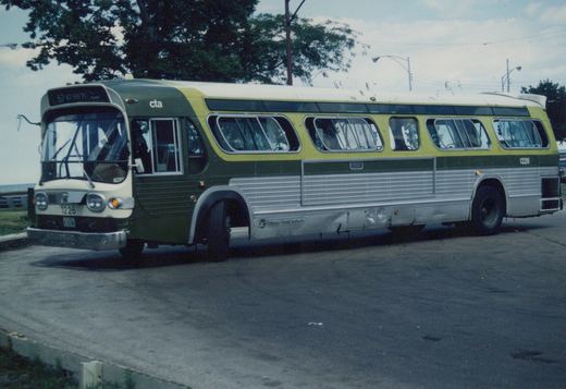 A green, yellow, and silver Chicago Transit Authority bus, number 1226, parked on a street with trees and a lake visible behind it.