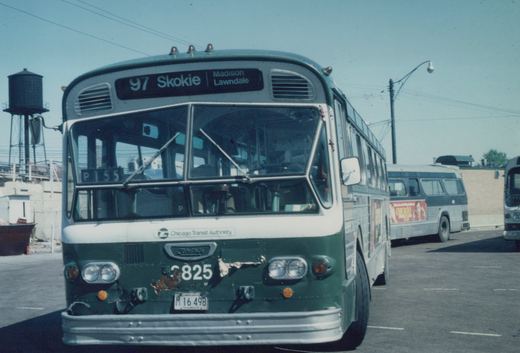 A green and white Chicago Transit Authority motor bus, number 825, is parked on a street with other buses visible in the background. A water tower stands in the distance under a clear sky.