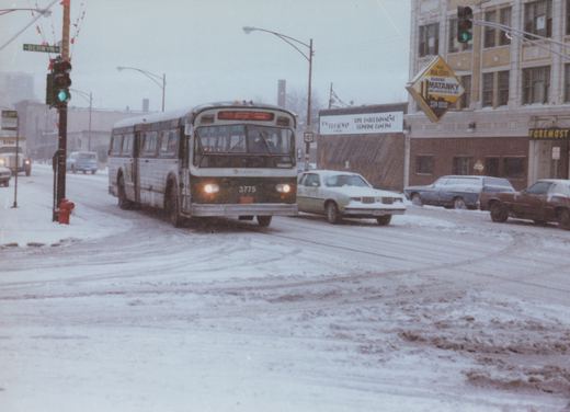 A white and black Chicago Transit Authority bus with the number 3775 is driving on a snow-covered street in Berwyn, Illinois, with other cars parked along the side.