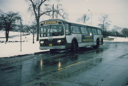 A white and green CTA bus is stopped at a snow-covered bus stop on a wet street, with bare trees and a cloudy sky in the background.