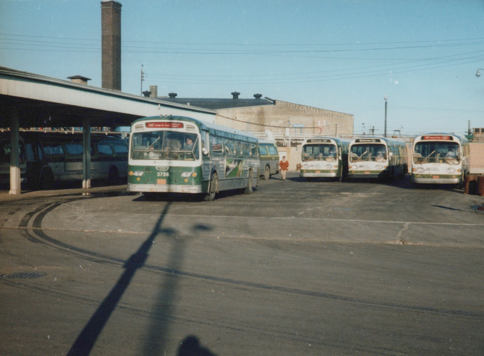 Four green and cream Chicago Transit Authority buses, numbered 3756, 7455, 7503, and 7504, are parked at a bus garage on a sunny day.