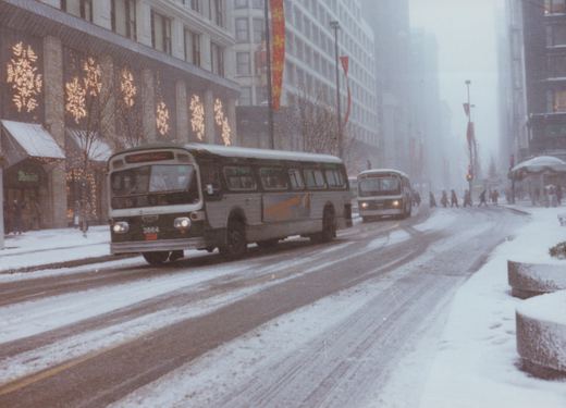 Two Chicago Transit Authority buses, numbers 3664 and 3636, drive down a snowy city street lined with tall buildings and holiday decorations.