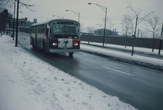 A red, white, and green CTA bus, number 3183, drives on a wet, snow-covered street with bare trees and a billboard visible in the background.