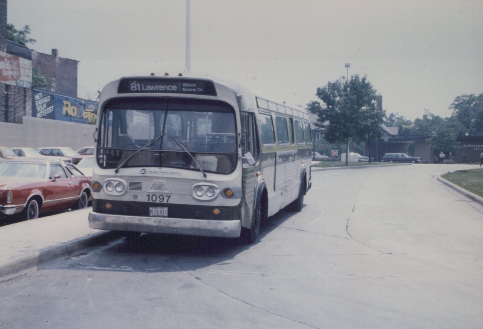 A white and green Chicago Transit Authority bus with the number 1097 on its front, displaying route 81 Lawrence, is parked on a city street with cars and trees in the background.