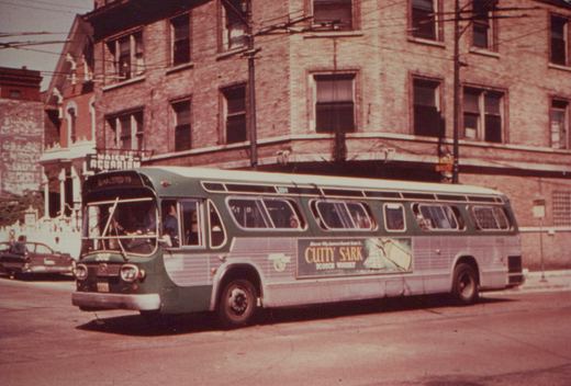 A green and silver CTA bus numbered 302, showing route 8 Halsted-79, is parked on a street with brick buildings and overhead wires in the background. A Cutty Sark ad is visible on the side, and the front of an older car can be seen behind the bus.