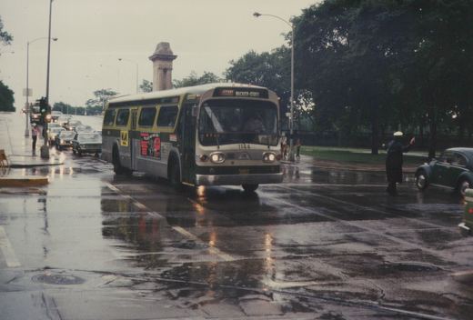 A green and cream CTA motor bus, number 1144, is stopped on a wet city street with rain reflecting off the pavement; pedestrians and cars are visible in the background.