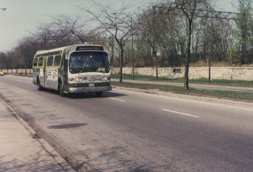A green and cream CTA motor bus with the number 1130 and destination sign reading '6 Jeffery Exp' drives down a tree-lined street on a clear day.