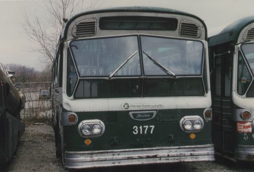 Front view of a green and white Chicago Transit Authority bus, number 3177, with its route sign reading 7699, parked in a gravel yard with bare trees in the background.