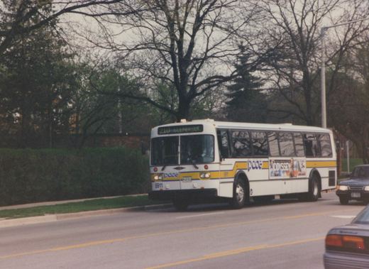 A white and yellow Pace bus numbered 8911, showing route 210 to Glenbrook, drives on a tree-lined street with cars nearby.
