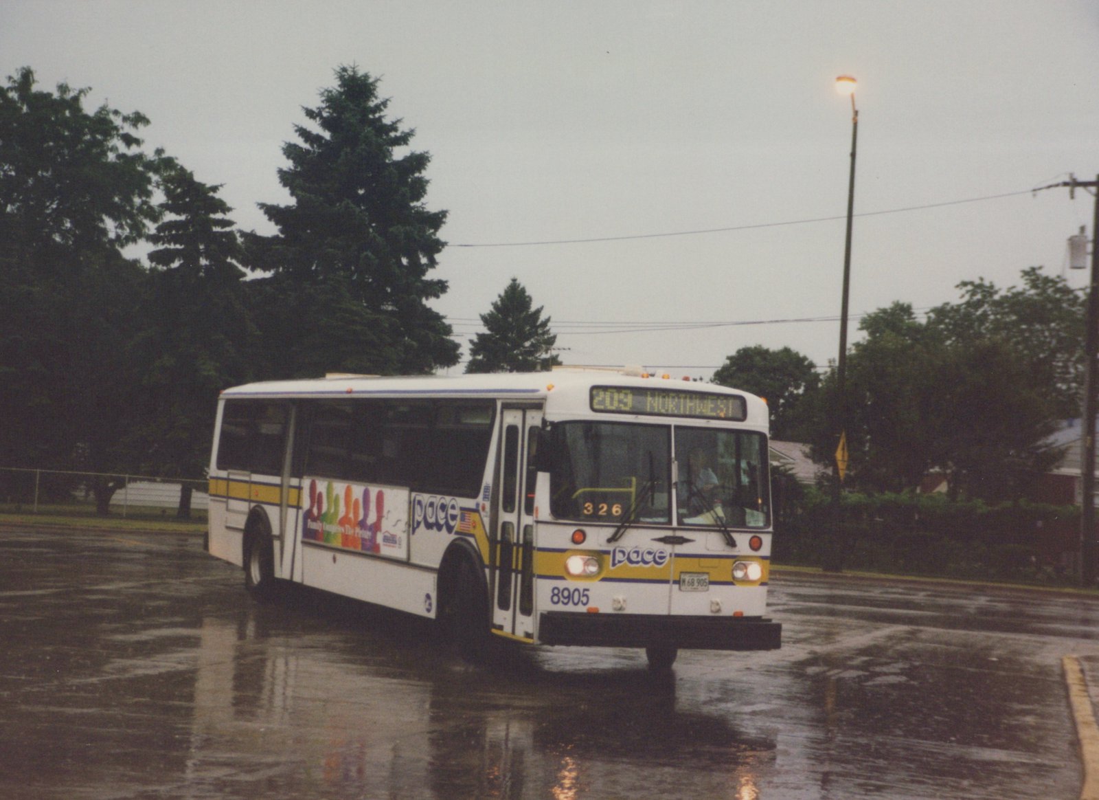 A white Pace bus with yellow and blue stripes drives on a wet street in the rain, with the destination '209 NORTHWEST' displayed on its front sign and the number 8905 on its bumper.