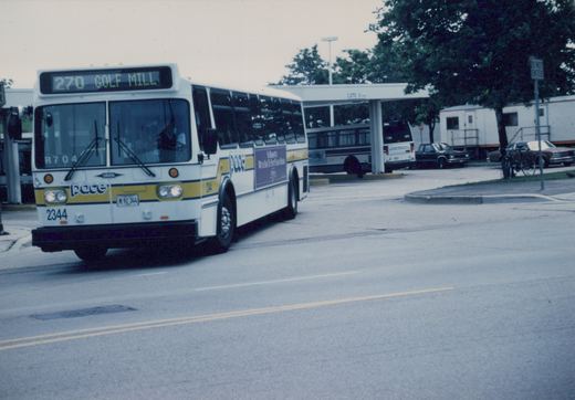 A white and yellow Pace bus, number 2344, is parked at a terminal with a shelter labeled '270' and a 'DO NOT ENTER' sign nearby.