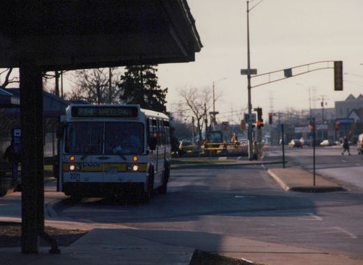 A white and yellow Pace bus with number 2371 and destination sign reading '234 WHEELING' is stopped at a street corner in a suburban area with bare trees and a pedestrian crossing nearby.