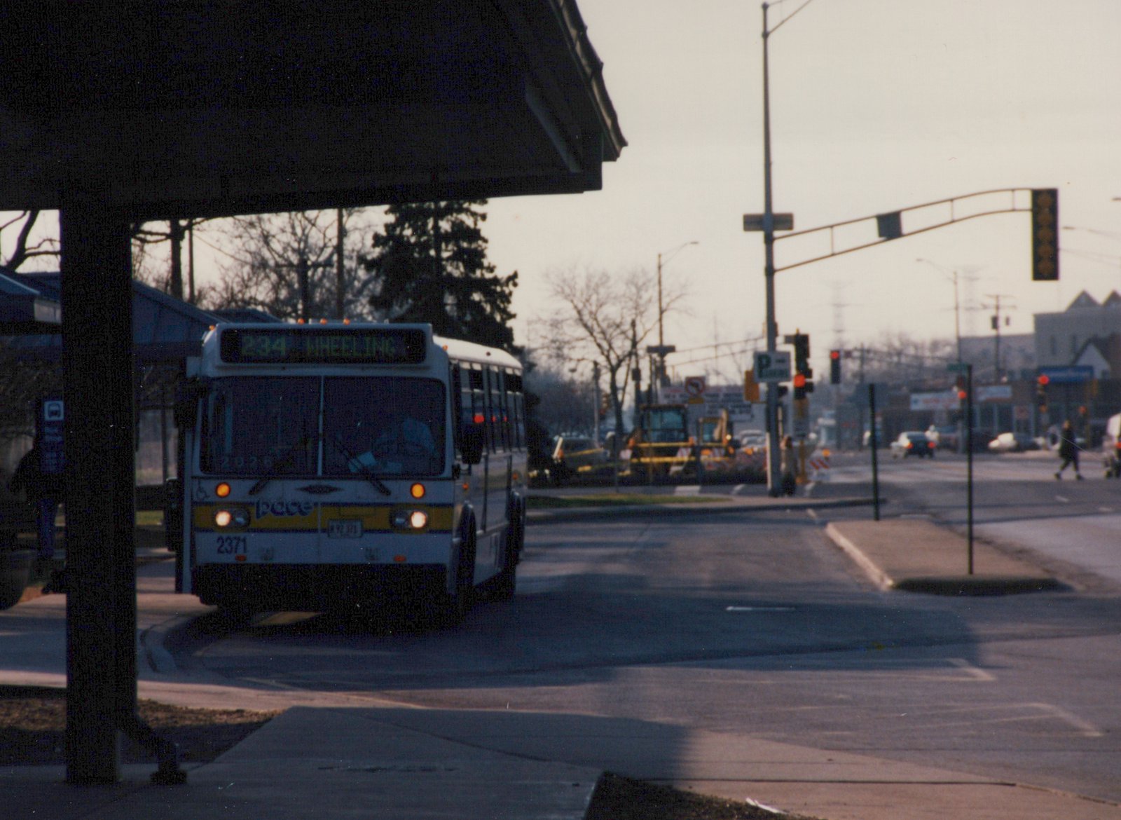 A white and yellow Pace bus with number 2371 and destination sign reading '234 WHEELING' is stopped at a street corner in a suburban area with bare trees and a pedestrian crossing nearby.