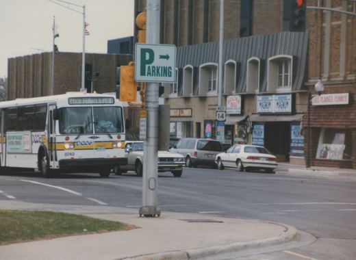A white and yellow Pace bus with the number 8742 and destination '209 HARLEM L' is on a city street, with a parking sign and shops like 'Polish Deli' and 'Des Plaines Comics' in the background.