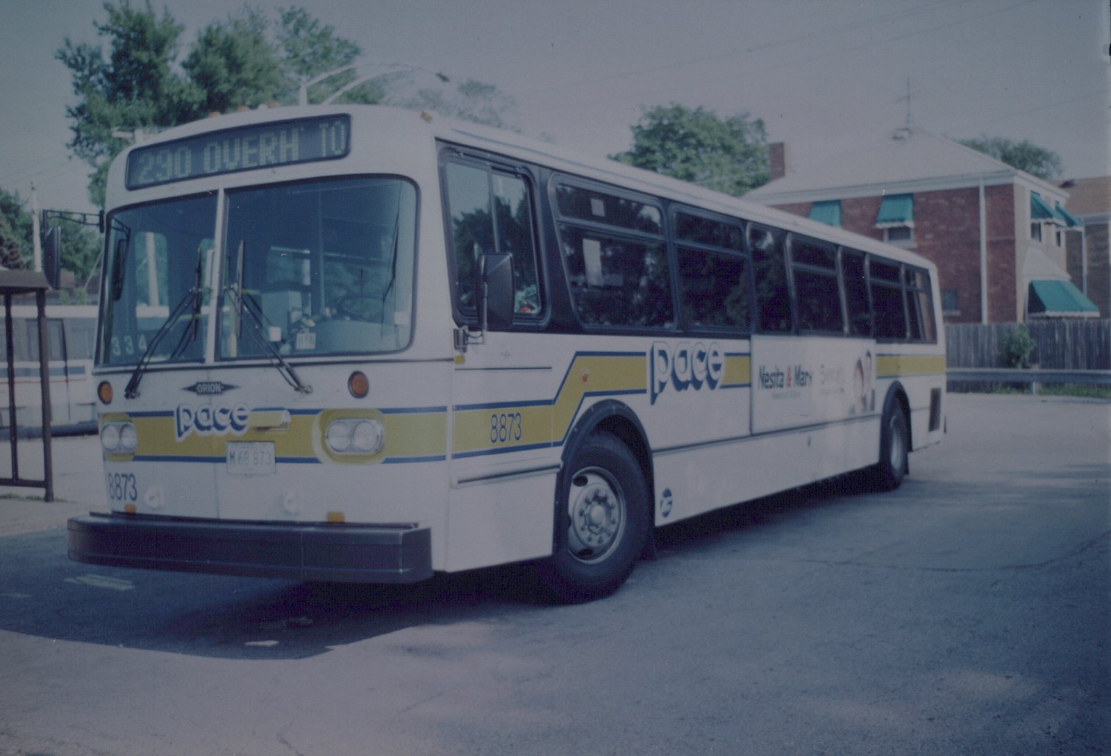 A white Pace bus with yellow and blue stripes, number 8873, is shown at a three-quarter front view on a paved street.