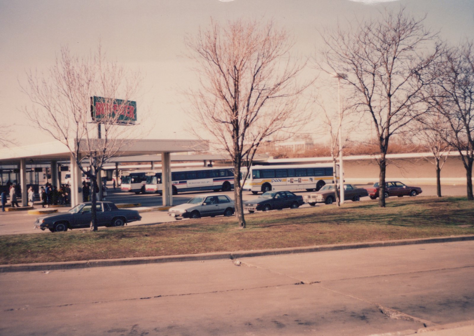 A roadside view of a Pace and CTA bus terminal on a winter day, showing several buses parked under a covered structure, with people waiting and a line of 1980s cars parked nearby.