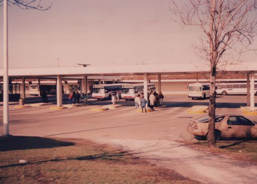A row of white CTA buses at a covered terminal with people standing nearby under a clear sky.