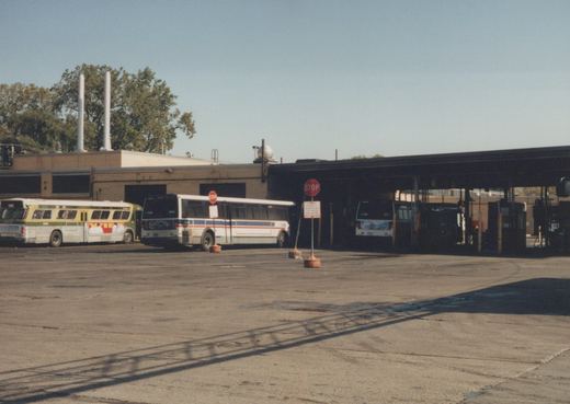 Three CTA buses parked in a yard with stop signs and a building in the background.