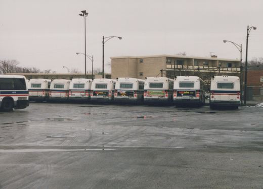 A rear view of several white Chicago Transit Authority buses with red and blue stripes, parked in a row at a bus garage with a wet asphalt lot and a tan apartment building in the background.