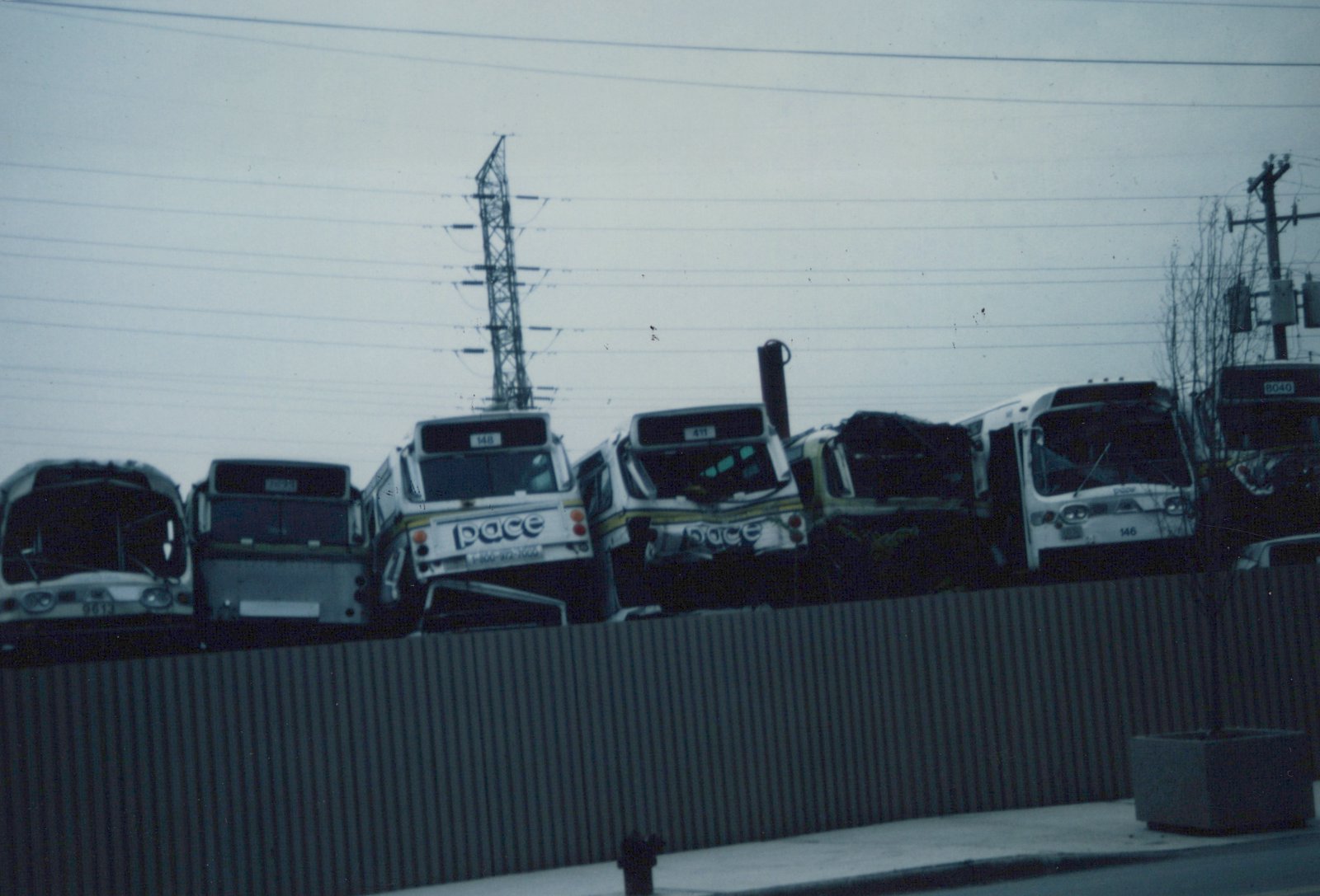 A lineup of decommissioned white Pace buses with blue and yellow stripes, parked behind a dark fence with overhead power lines in the background under a gray sky.