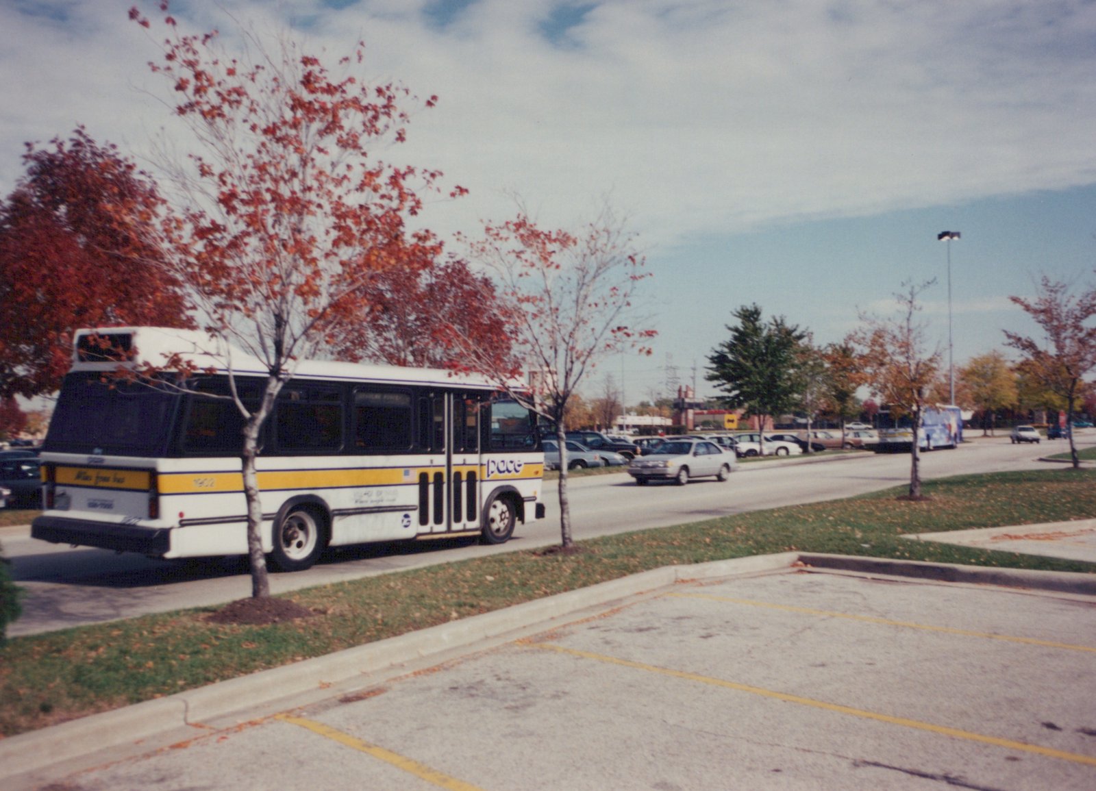 A white and yellow Pace bus with the number 1902 parked on a street with autumn-colored trees and other cars in the background.