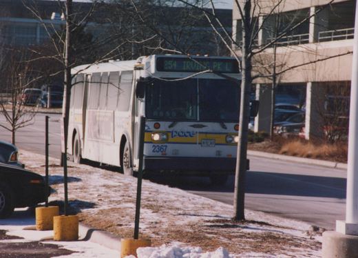 A white Pace bus with yellow and blue stripes, numbered 2367, is driving down a street with snow on the ground and bare trees.