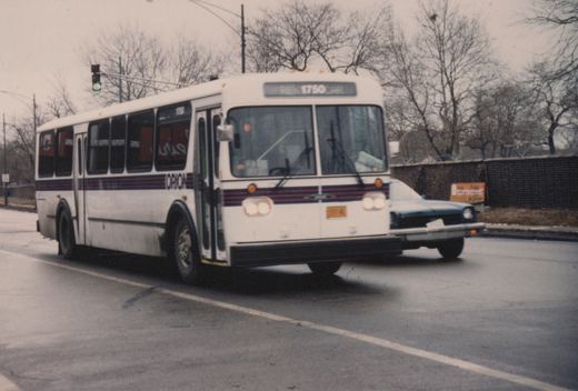 A white Regional Transportation Authority Orion I bus with red and blue stripes is driving down a wet street, with bare trees and a brick wall in the background.