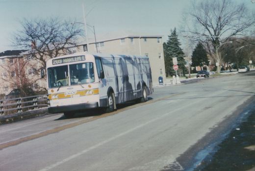 A white Pace bus with a yellow stripe and a large gray Apple 'Think different' ad on its side is driving down a tree-lined street with snow on the ground.