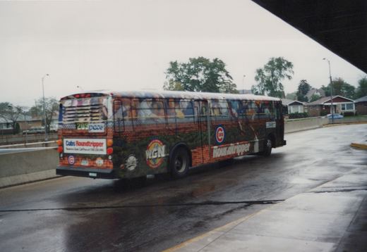A large, colorful Pace bus with a Chicago Cubs advertisement is driving on a wet road under a concrete overpass on a cloudy day.