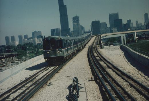 A silver train with red and blue stripes travels on an elevated track with the Chicago skyline behind it on a clear day.