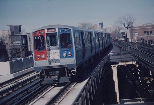 A Chicago 'L' train, numbered 2492, on an elevated track with a 'Dan Ryan' sign, under a clear sky with bare trees in the background.